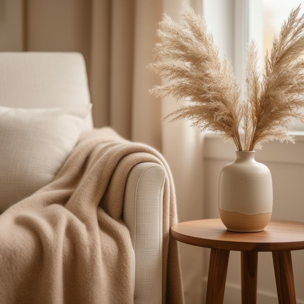 Cozy linen armchair with a soft throw and a ceramic vase of pampas grass in warm natural light