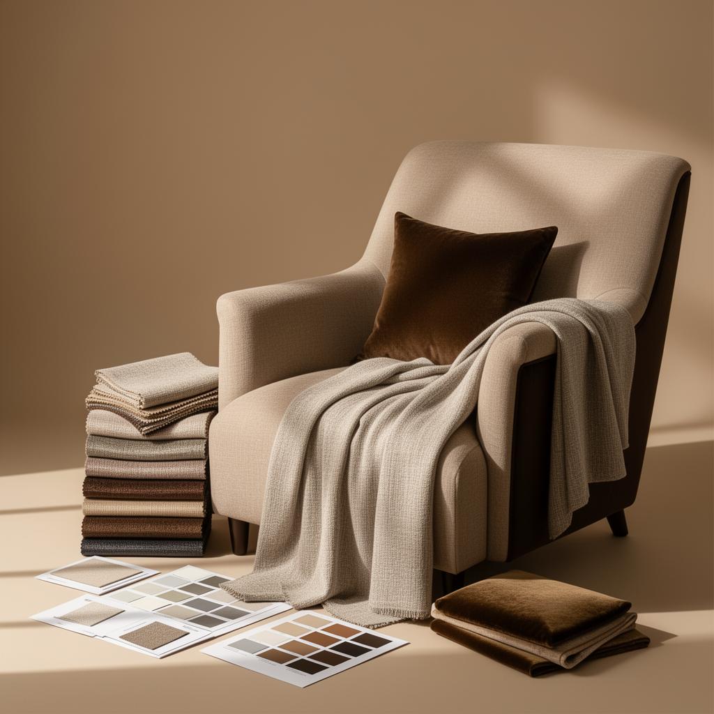 Curated upholstery scene with an armchair, stacked fabric swatches, and neutral color boards