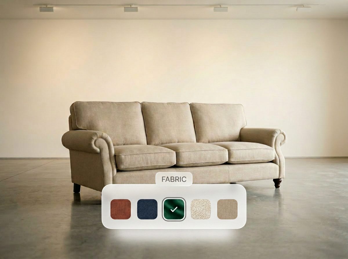 A digital fabric picker overlay on the showroom sofa