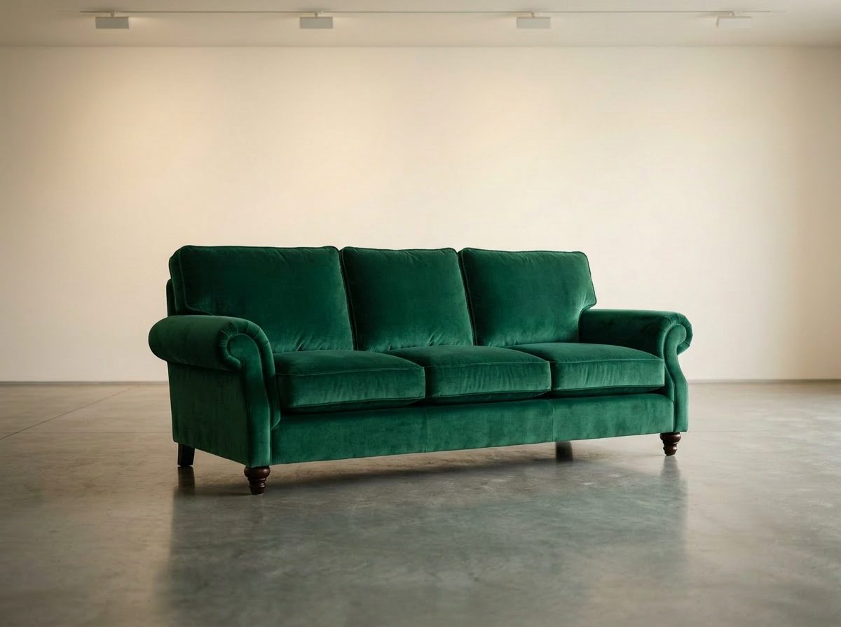 The same showroom sofa reupholstered in emerald velvet