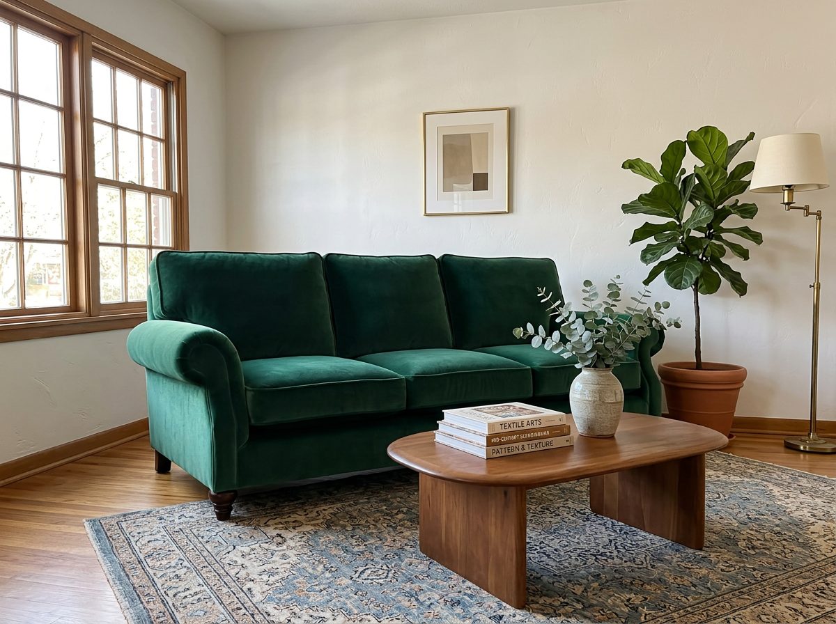 The emerald velvet sofa placed in a warm, lived-in living room