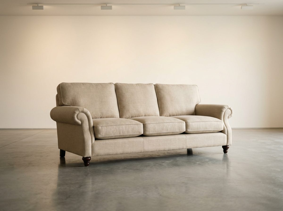 A beige linen sofa on display in a furniture showroom